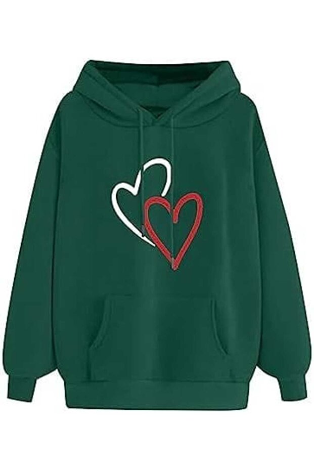 Unisex Green Low Shoulder Oversize Hooded Casual Sweatshirt with Kangaroo Pocket