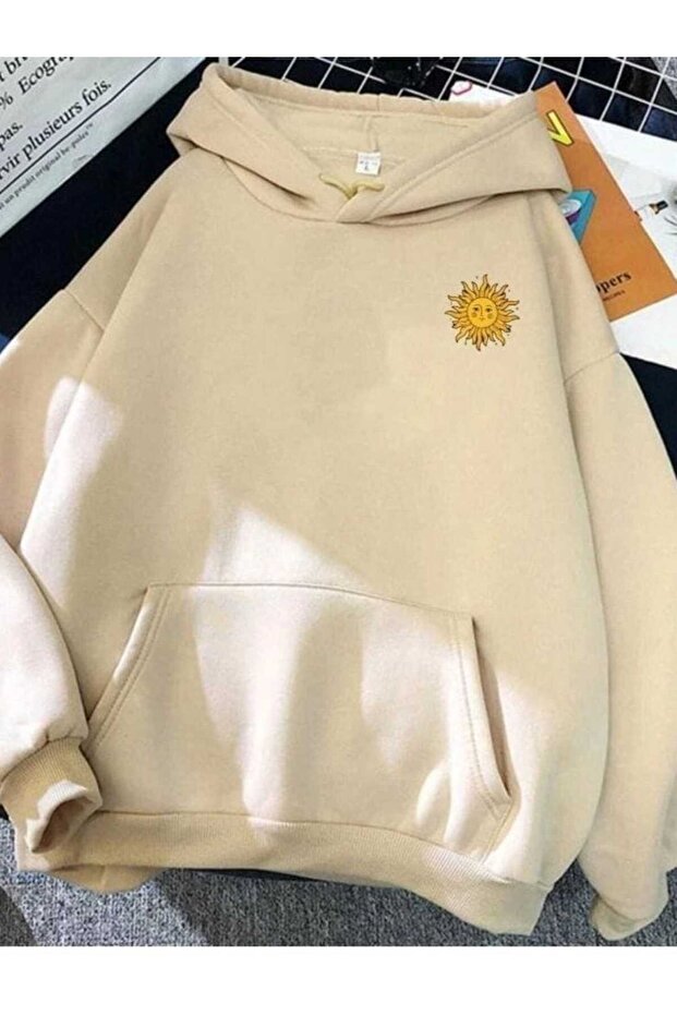 Unisex Beige Kangaroo Pocket Thick Fabric Oversize Hooded Sweatshirt Hoodie