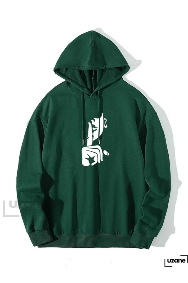 Modexa Unisex Hoody Green 3 Thread Threaded Oversize Hooded Sweatshirt Basic Comfortable Cut