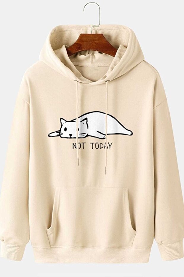Unisex Beige Streetwear Oversize Hooded Casual Cotton Sweatshirt with Pockets