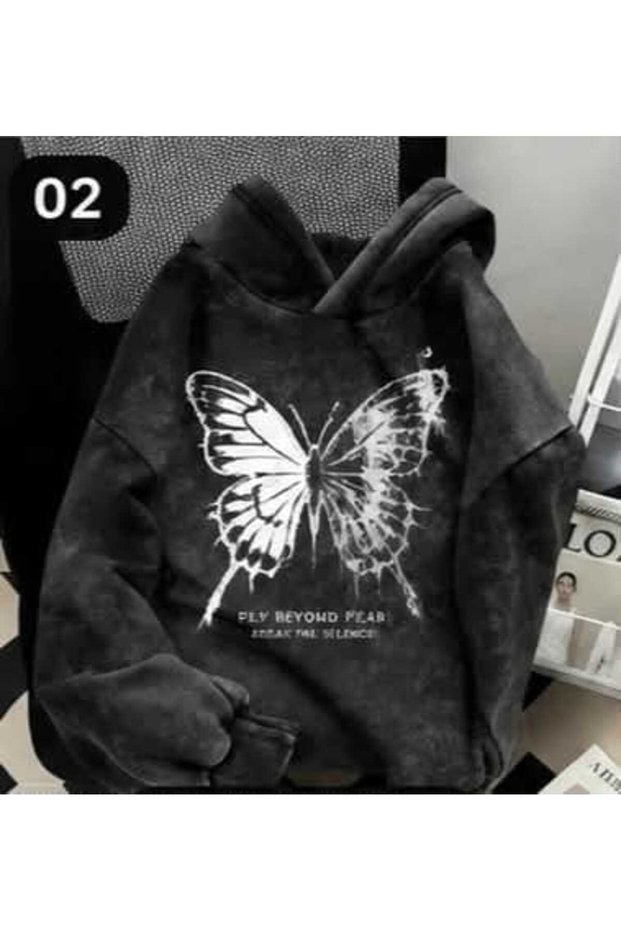 Unisex Anthracite Vintage Effect Washed 3 Thread Hooded Sweatshirt Relaxed Fit
