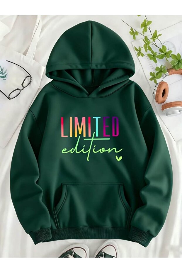 Unisex Green Casual Cut Hooded Sweatshirt with Inner Pockets Warm Hoodie