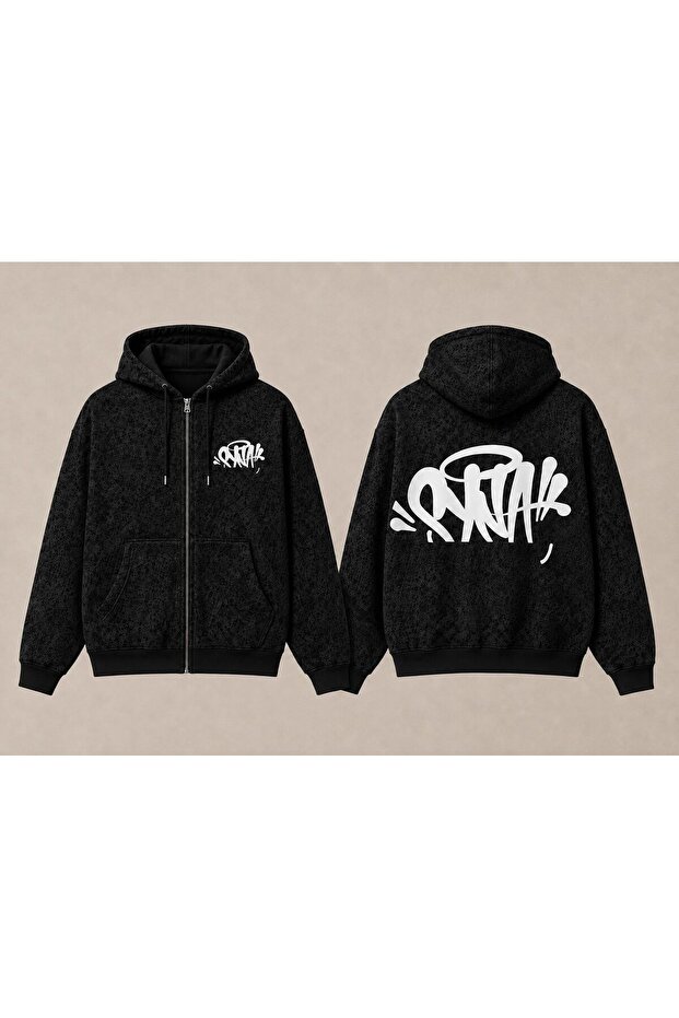 Unisex Anthracite Washed Kangaroo Pocket Hooded Casual Sweatshirt with Vintage Effect