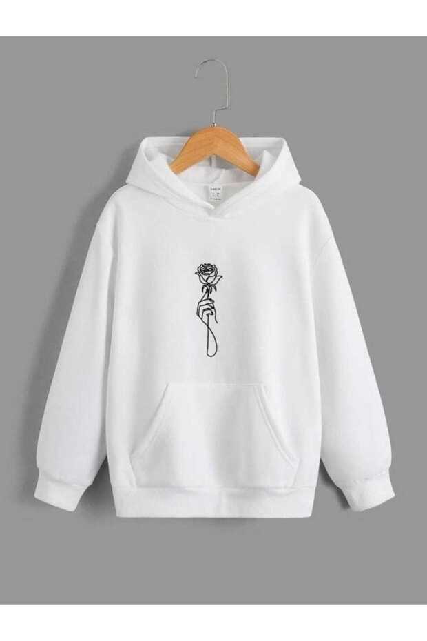 Unisex White 3 Thread Raster Oversize Hooded Sweatshirt Basic Comfortable Cut
