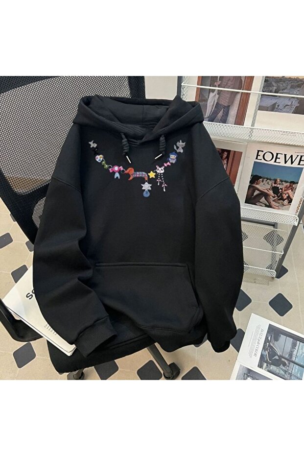 Unisex Black Relaxed Fit Hooded Kangaroo Pocket Thick Sweatshirt