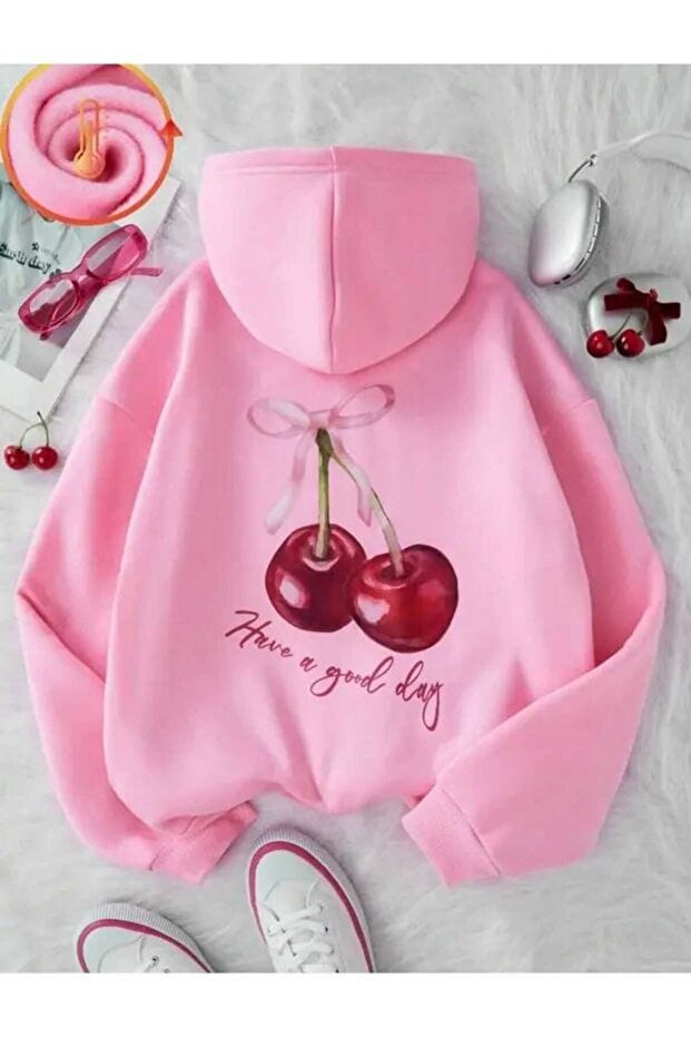 Unisex Pink 3 Thread Threaded Oversize Hooded Sweatshirt Basic Comfortable Cut