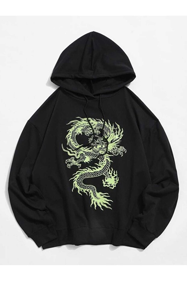 Unisex Black 3 Thread Threaded Oversize Hooded Sweatshirt Basic Comfortable Cut