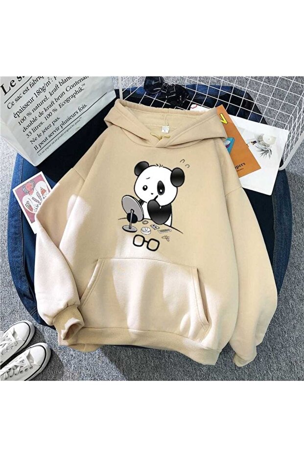 Unisex Beige Oversize Hooded Sweatshirt with Kangaroo Pocket, 3 Thread Raster Hoodie