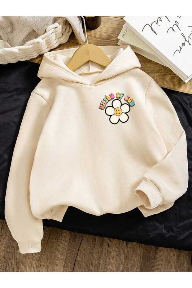 Unisex Beige 3 Thread Threaded Oversize Hooded Sweatshirt Basic Comfortable Cut
