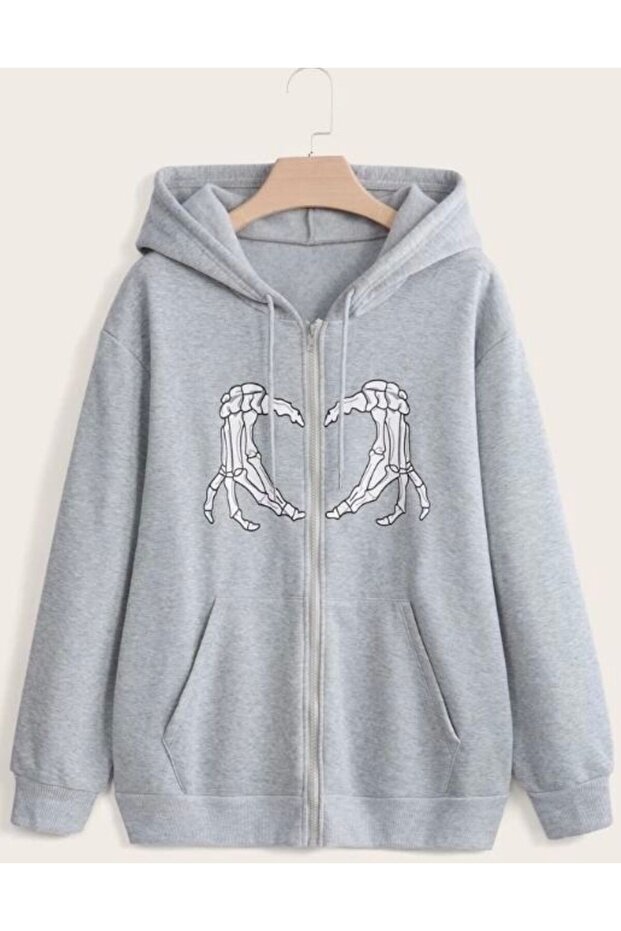 Unisex Gray 3 Thread Threaded Oversize Hooded Sweatshirt Basic Comfortable Cut