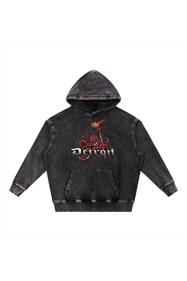 Unisex Anthracite Acid Wash Effect Washed Oversize Hoodie Thick Fabric