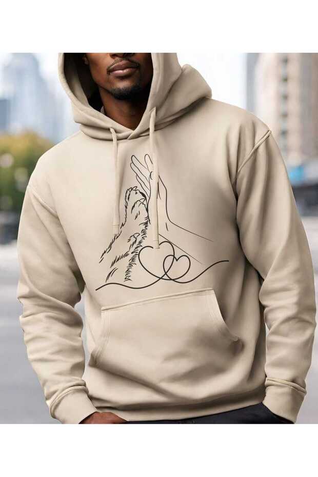 Unisex Beige Hooded Oversize Sweatshirt Comfortable Fit Cotton with Fleece Inside