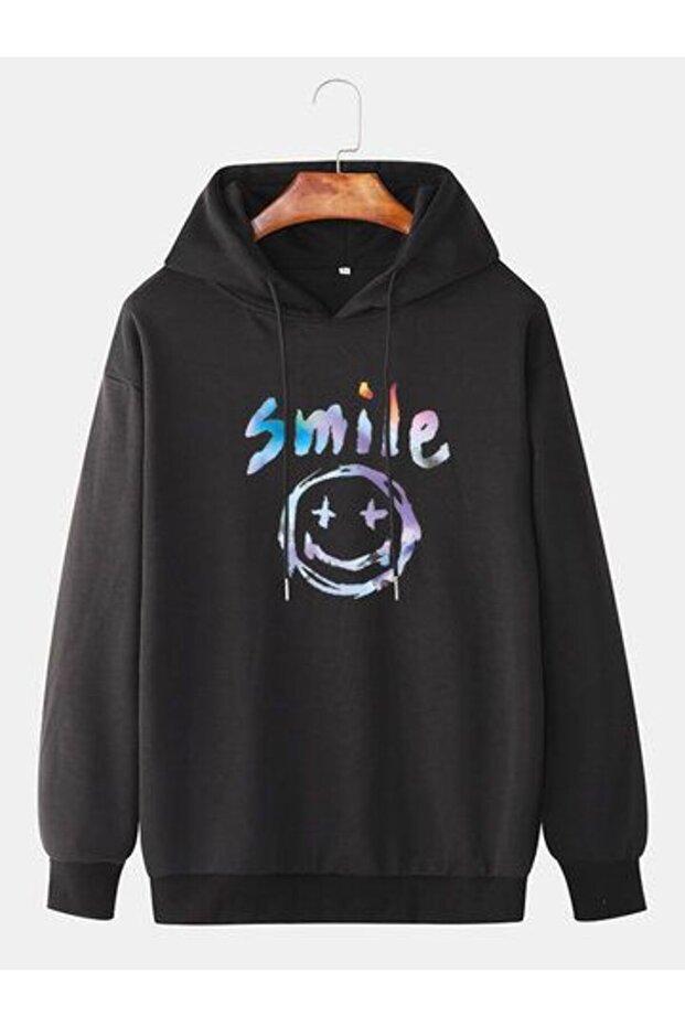 Unisex Black 3 Thread Threaded Oversize Hooded Sweatshirt Basic Comfortable Cut