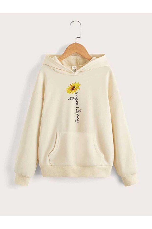 Unisex Beige 3 Thread Threaded Oversize Hooded Sweatshirt Basic Comfortable Cut