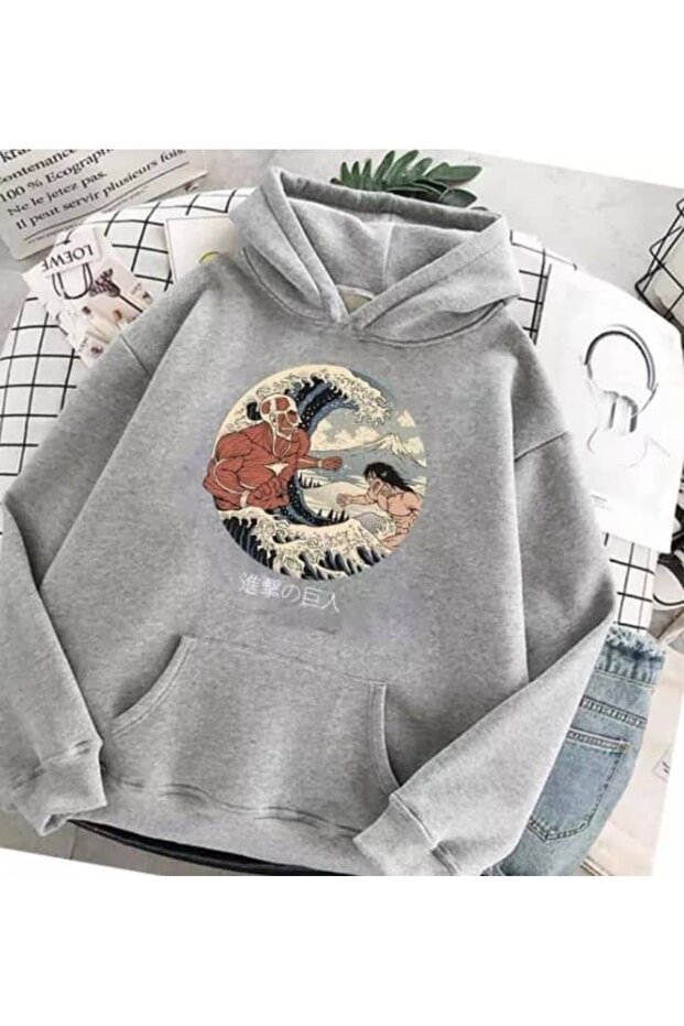 Unisex Gray 3 Thread Threaded Oversize Hooded Sweatshirt Basic Comfortable Cut