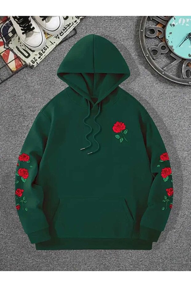 Unisex Green 3 Thread Threaded Oversize Hooded Sweatshirt Basic Comfortable Cut