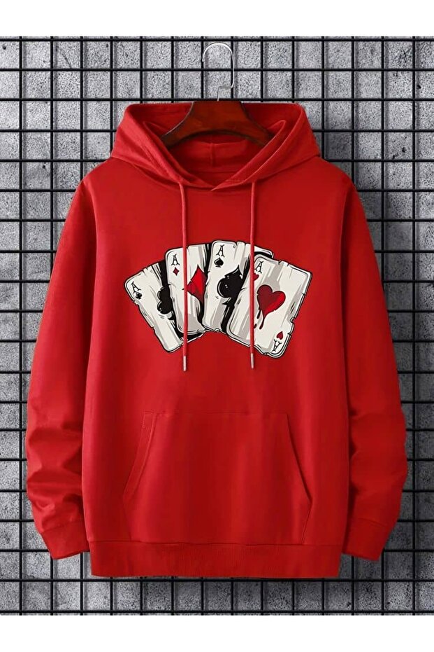 Unisex Red Streetwear Oversize Hooded Casual Cotton Sweatshirt with Pockets