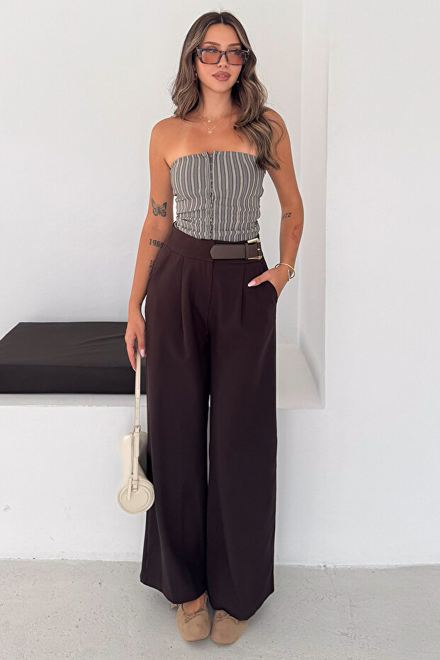 Women's Mini Leather Belted Dabil Fabric High Waist Wide Leg Pants