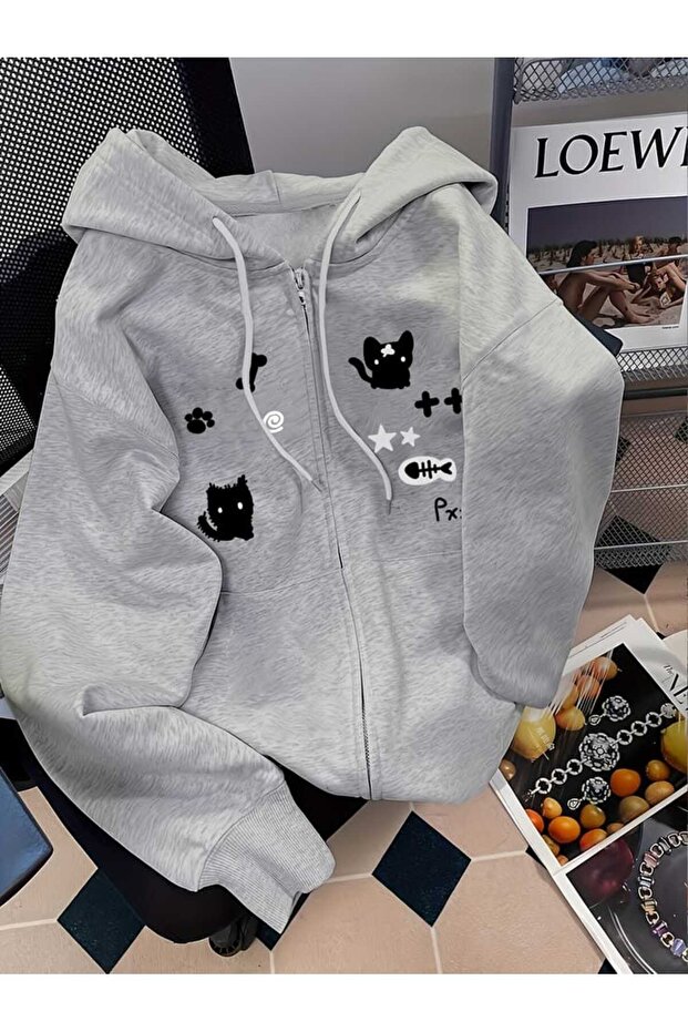 Unisex Gray Loose Fit Hooded Sweatshirt with Inner Pockets, Warm Hoodie