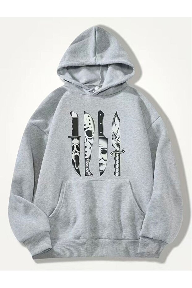 Unisex Gray Low Shoulder Oversize Hooded Casual Sweatshirt with Kangaroo Pocket