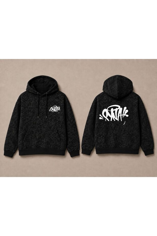 Unisex Anthracite Acid Wash Effect Washed Oversize Hoodie Thick Fabric