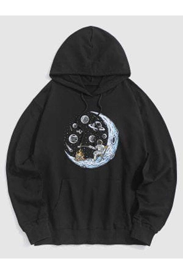 Unisex Black Casual Cut Hooded Sweatshirt with Inner Pockets, Warm Hoodie