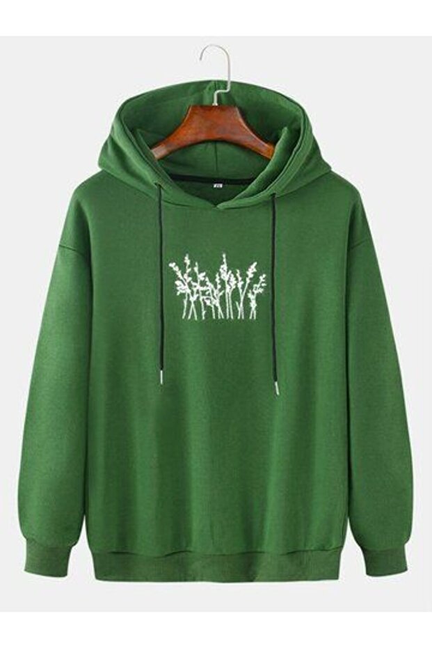 Unisex Green Casual Cut Hooded Sweatshirt with Inner Pockets Warm Hoodie