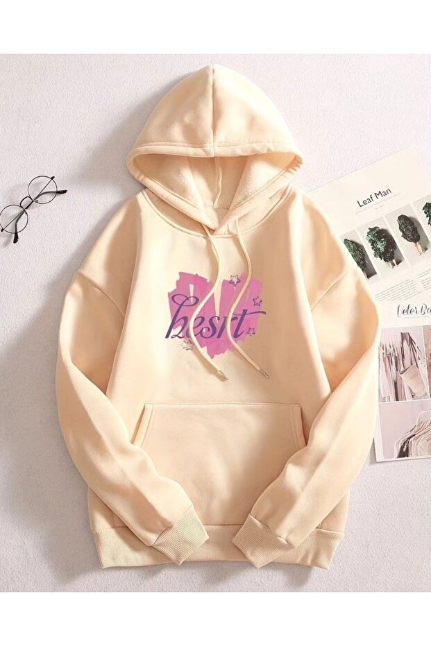 Unisex Beige Kangaroo Pocket Thick Fabric Oversize Hooded Sweatshirt Hoodie