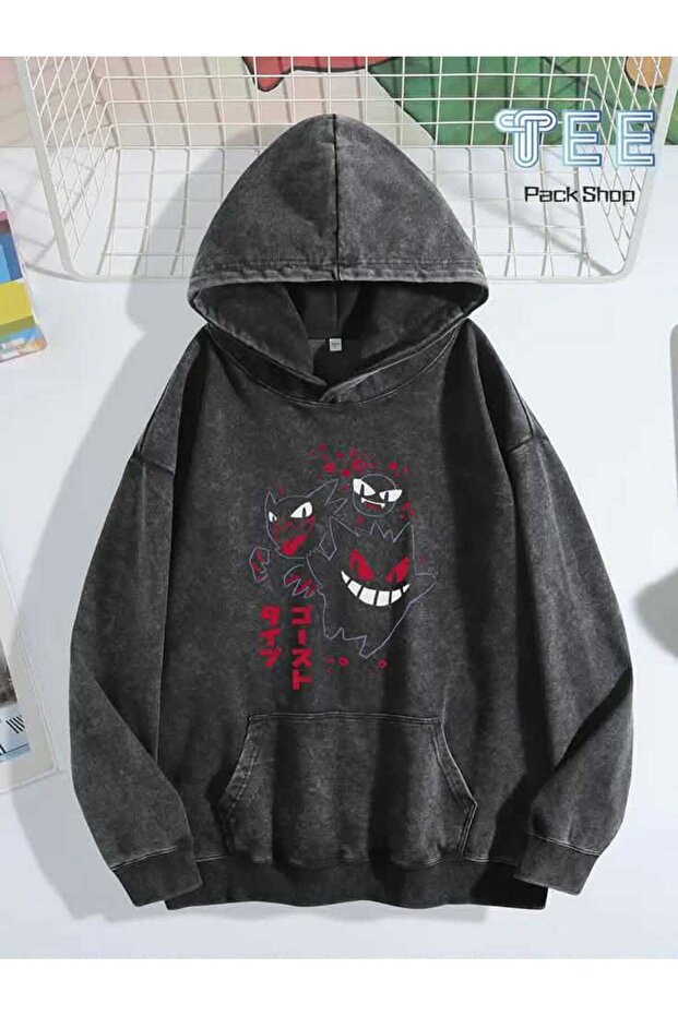 Unisex Anthracite Acid Wash Effect Washed Oversize Hoodie Thick Fabric