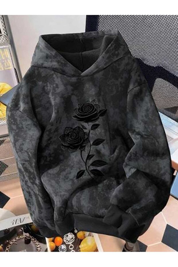 Unisex Anthracite Acid Wash Effect Washed Oversize Hoodie Thick Fabric