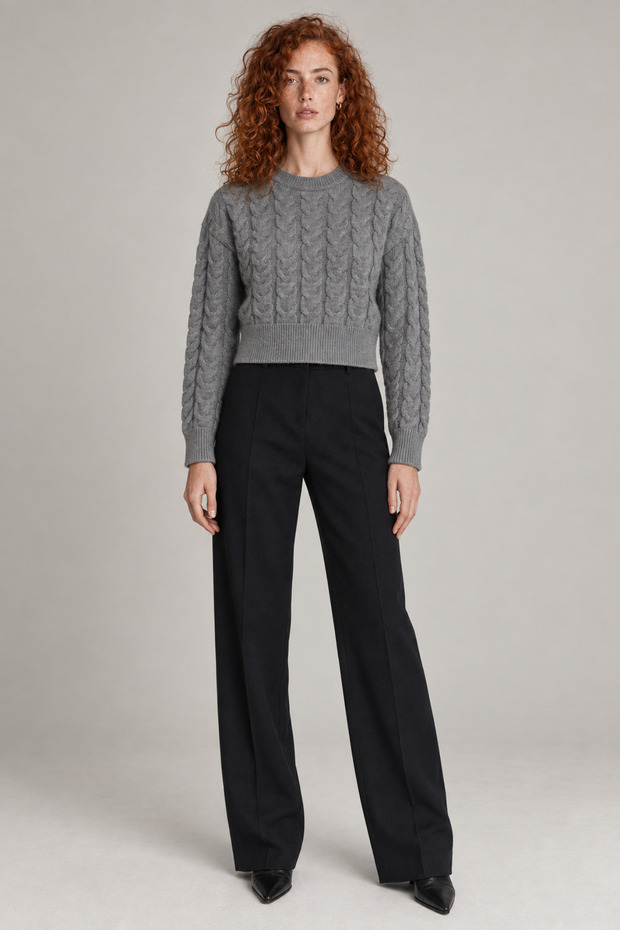 Women's Crew Neck Hair Knit Crop Sweater Mink