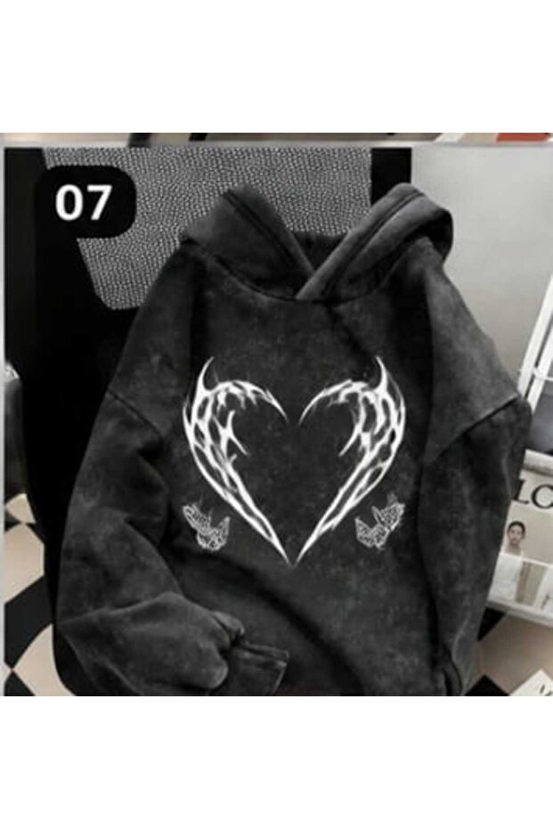 Unisex Anthracite Vintage Effect Washed 3 Thread Hooded Sweatshirt Relaxed Fit