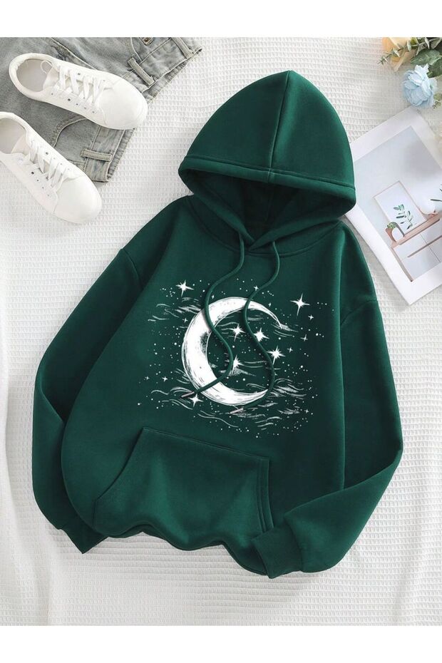 Unisex Green Casual Cut Hooded Sweatshirt with Inner Pockets Warm Hoodie
