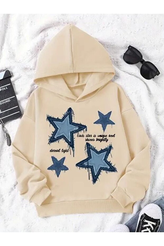 Unisex Beige 3 Thread Threaded Oversize Hooded Sweatshirt Basic Comfortable Cut