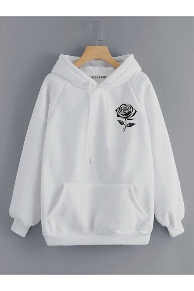 Unisex White 3 Thread Raster Oversize Hooded Sweatshirt Basic Comfortable Cut