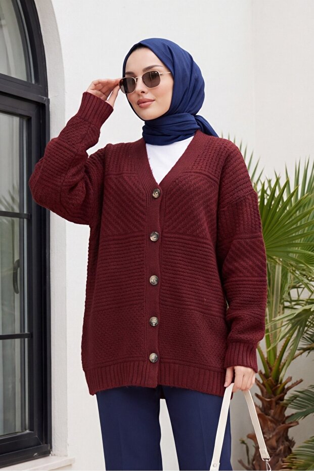 Buttoned Front V-Neck Casual Knitted Cardigan - Burgundy