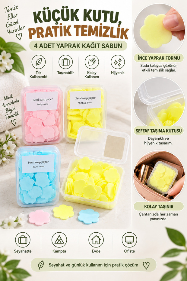 Leaf Paper Soap 4 Pieces – Disposable Portable Soap – Travel, Camping, and Daily Use