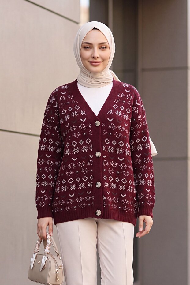 V-Neck Mixed Pattern Buttoned Knitwear Cardigan -Plum