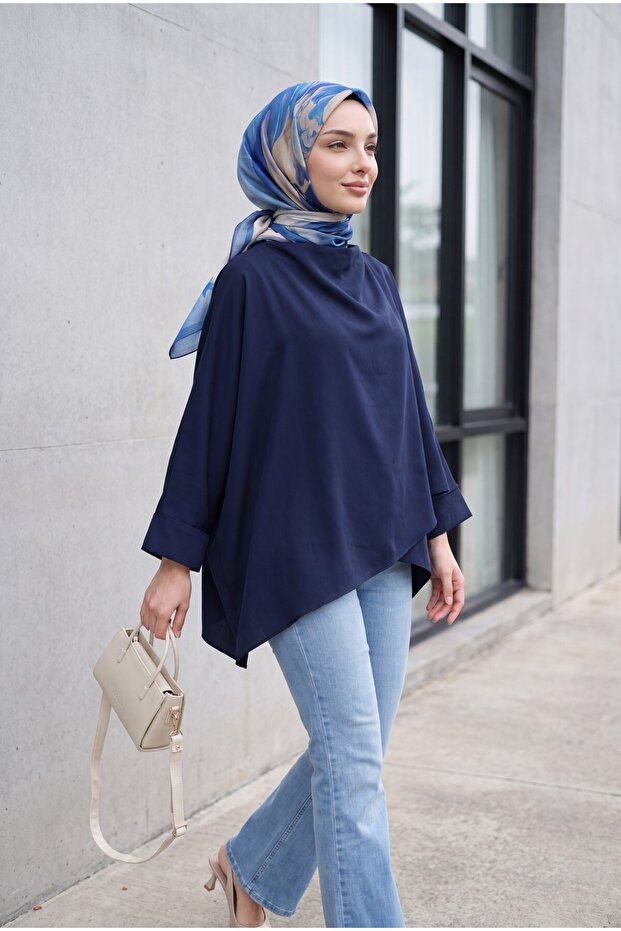 Buttoned Shoulder Bat Sleeve Modal Kimono Poncho -Dark Blue