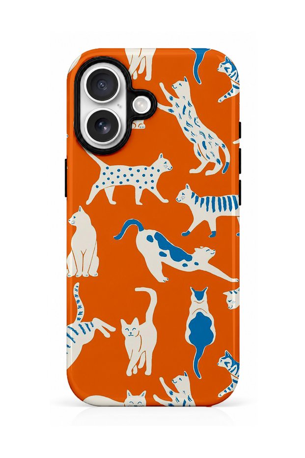 Compatible with iPhone 16 - White Patterned Cats, Double Layer, Glossy Surface Protective Case