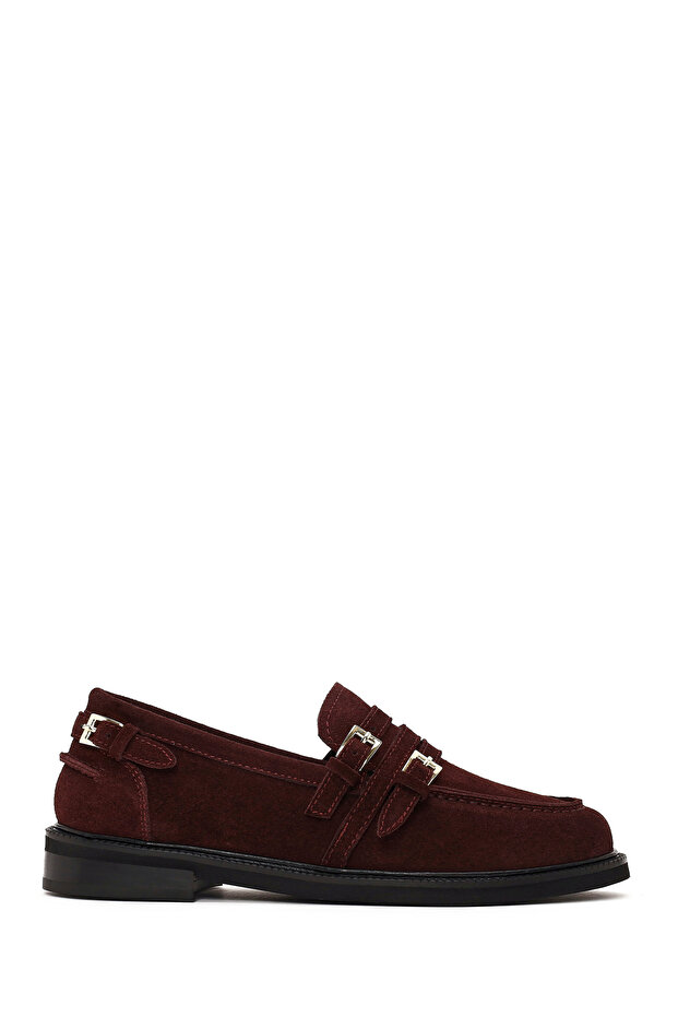 Women's Burgundy Buckle Suede Leather Masculine Loafer Af140001Ds
