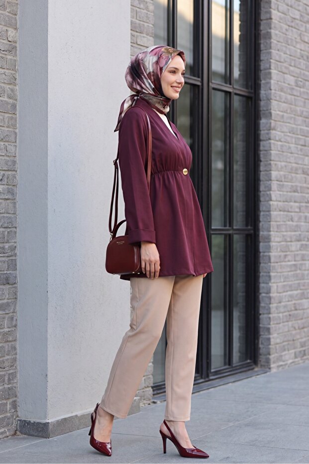 Elastic Waist, Folded Sleeves, Single Button Crepe Kimono - Plum
