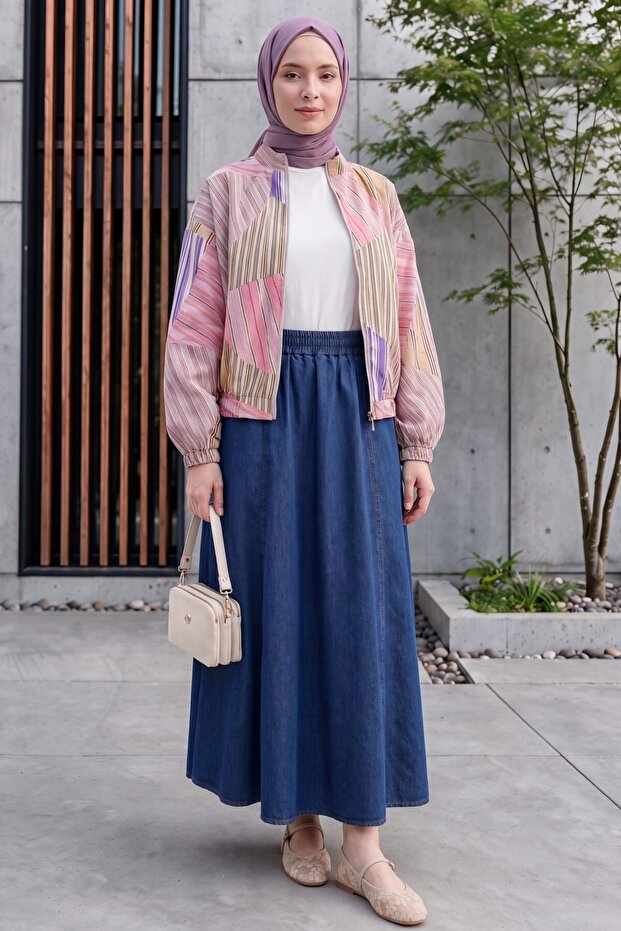 Patterned Summer Jacket with Elastic Sleeves and Waist, Pockets and Zipper - Pink