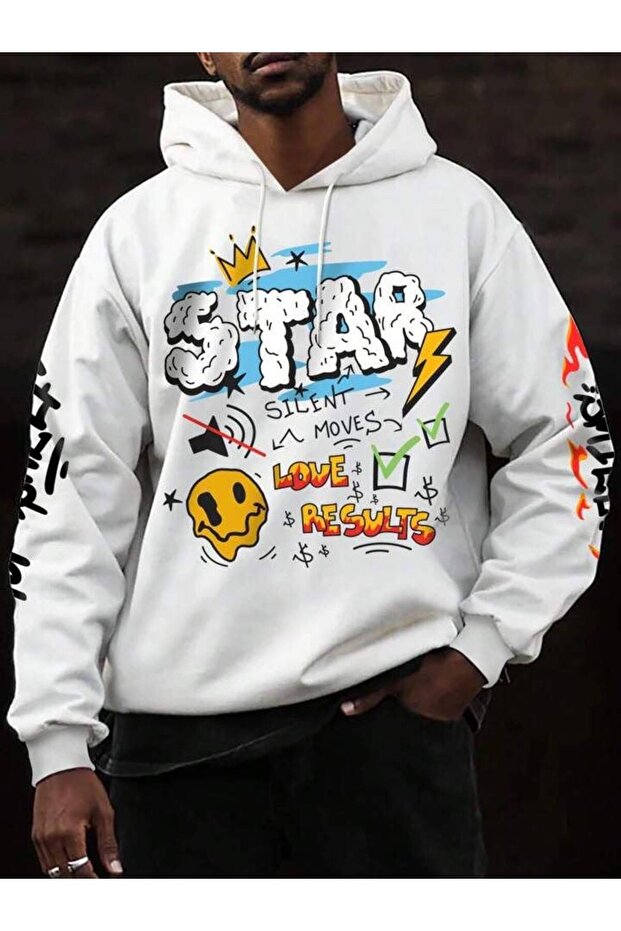 White Unisex Oversize 3 Thread Threaded Printed Hooded Sweatshirt with Kangaroo Pocket