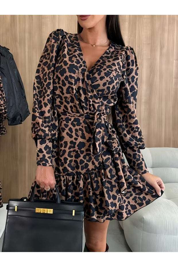 Women's Long Sleeve Double Breasted Collared Waist Tie Short Leopard Print Modal Dress