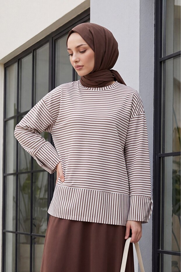 Crew Neck Slit Striped Viscose Sweatshirt - Light Brown