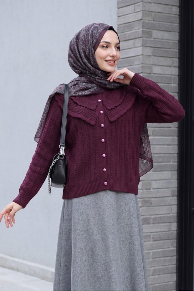 High Collar Ruffle Detailed Openwork Buttoned Knitwear Cardigan - Plum