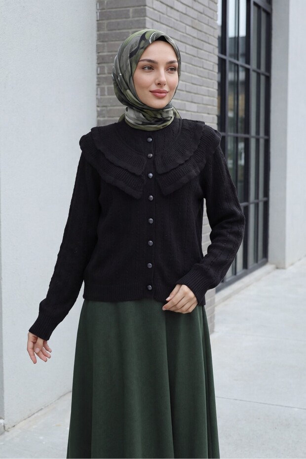 High Collar Ruffle Detailed Openwork Buttoned Knitwear Cardigan - Black