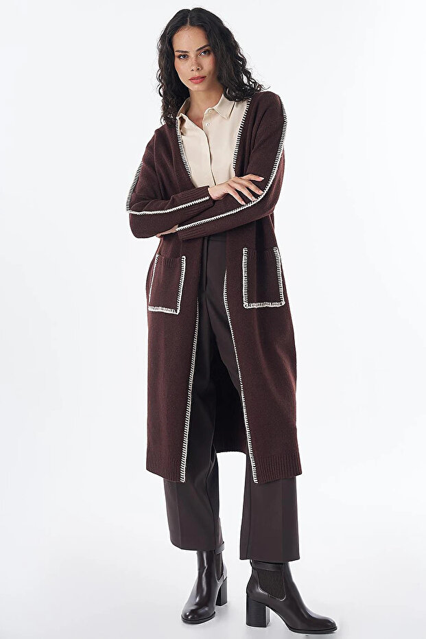 Contrast Stitched Knitwear Cardigan Brown