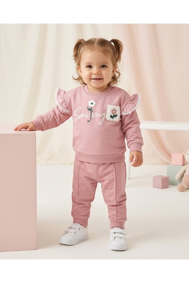 Baby Girl Seasonal Floral Printed Set with Ruffle Detail on Shoulders, 6-9-12-18-24 Months, 2 Yarn Lower and Upper Set